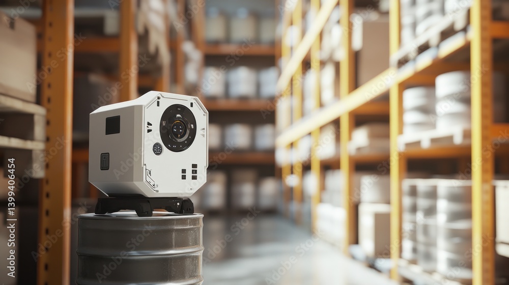 Poster white security camera sits on a barrel in a warehouse aisle.