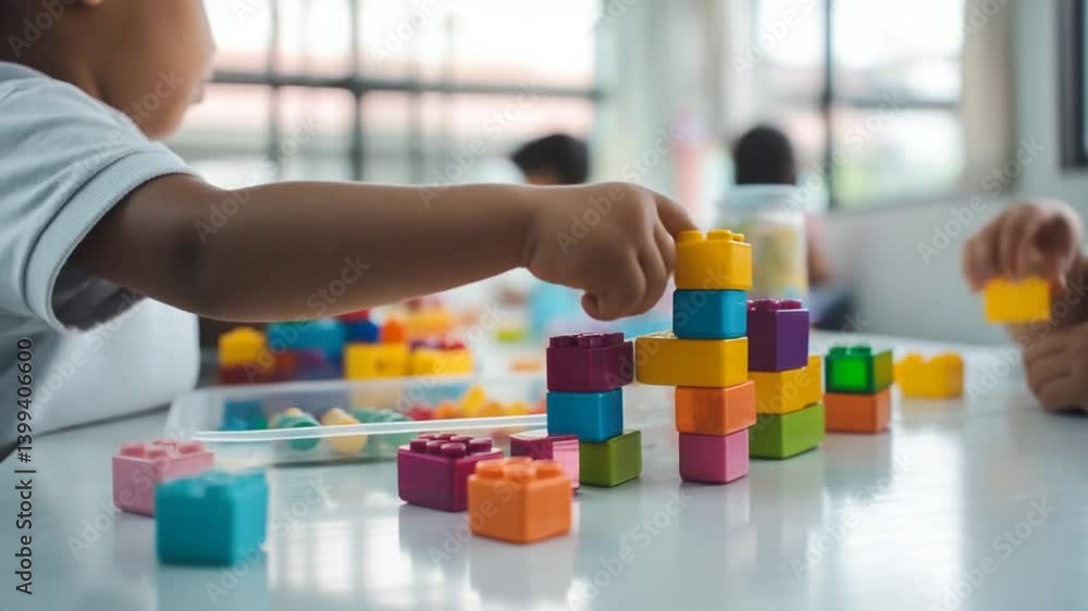 Poster children enjoy building with colorful blocks in nursery class activity generative ai