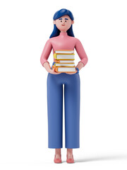 woman holding books, symbolizing knowledge or education. 3D rendering, conceptual image. Isolated on white background.