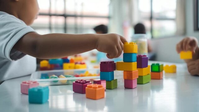 Children Enjoy Building With Colorful Blocks in Nursery Class Activity Generative AI