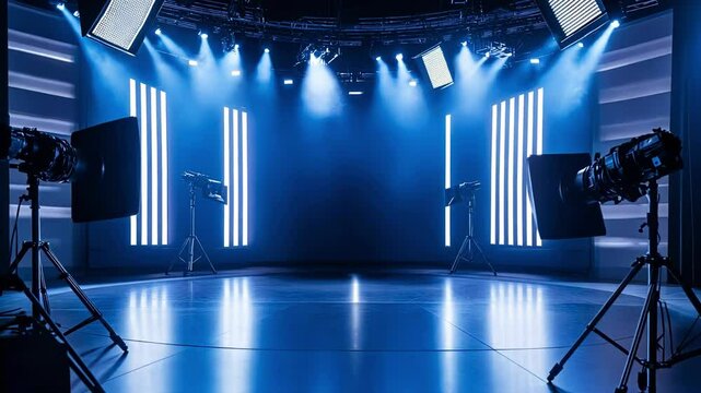 A modern photography studio with blue lighting and equipment setup.
