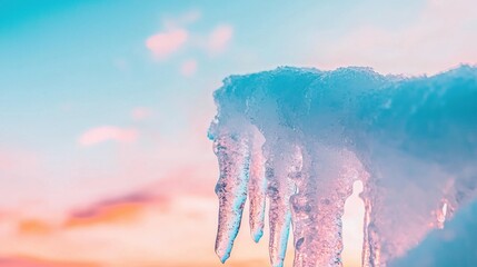 Icicles hanging against a colorful sky at sunset.
