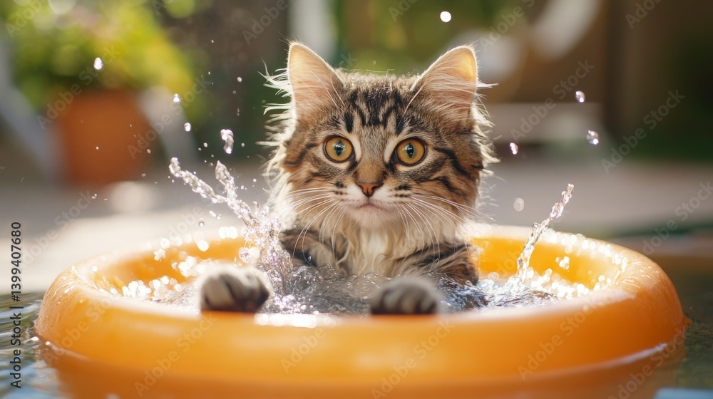 Poster A high-quality image of a cat sitting in a small splash pool, with its paws dipped in the water and a content expression, surrounded by a summer backyard setting.