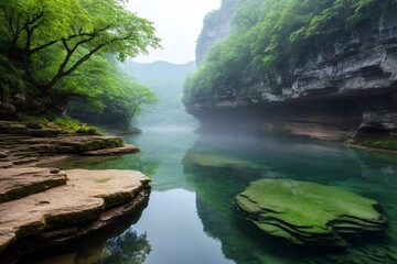 Enshi Grand Canyon reflecting in the clear water with mist and lush vegetation