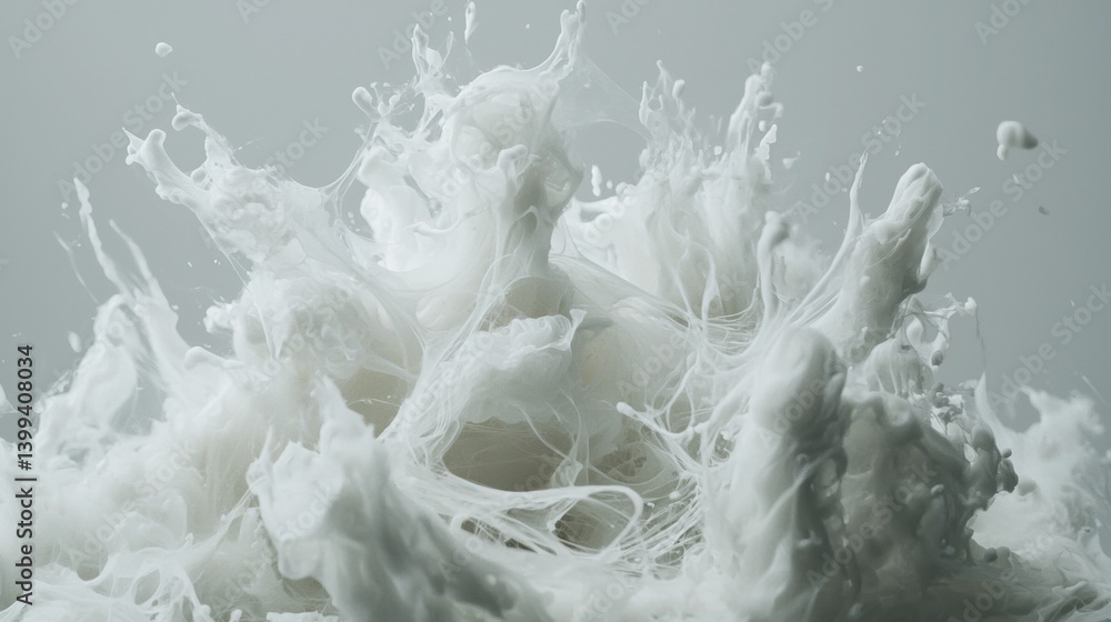 Poster dynamic splash of white liquid creating artistic patterns.