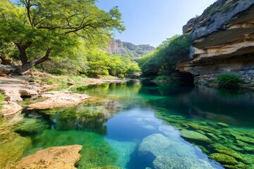 Natural swimming pool reflecting green trees in Wadi Darbat, Salalah, Dhofar, Oman
