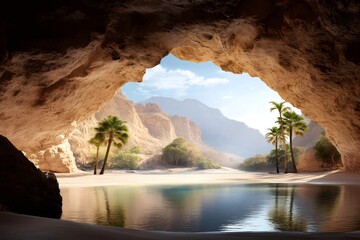 Hidden oasis with palm trees and mountains reflecting in water surface inside a cave