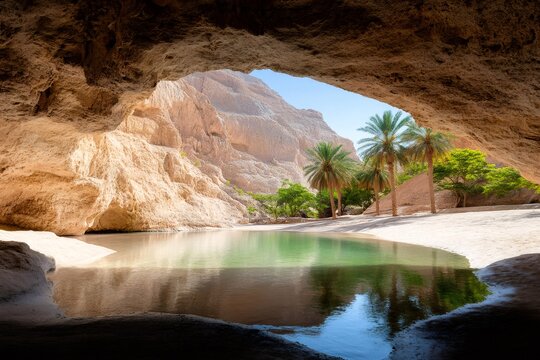 Hidden oasis reflecting in water under rocky cave in Wadi Shab, Oman