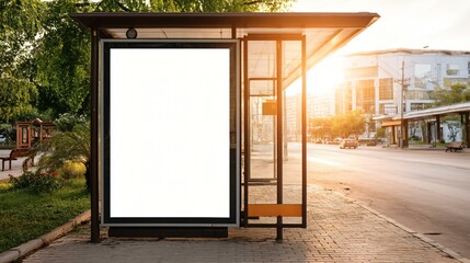 Close-up of a blank white billboard above a bus stop, clear morning sky, modern cityscape, ad-ready space