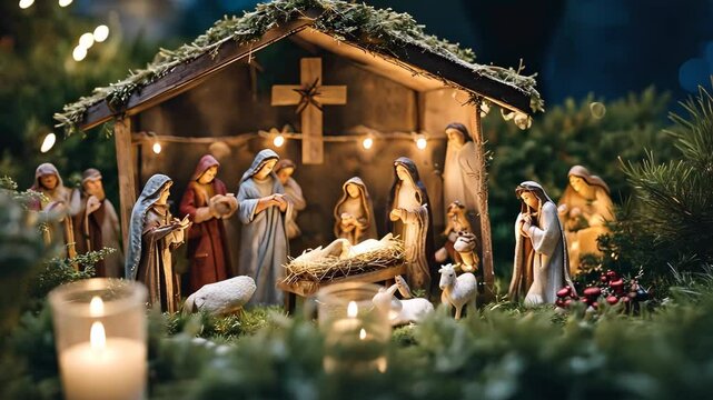 Christmas nativity scene of born child baby Jesus Christ in the manger with Joseph and Mary.
