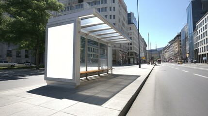 High-definition blank white billboard over a bus stop, bright midday brightness, clean lines, urban simplicity