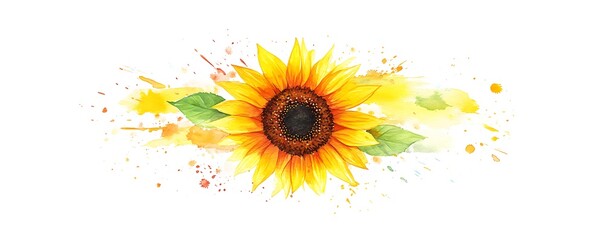 A bright sunflower with watercolor splashes on a white background, for design