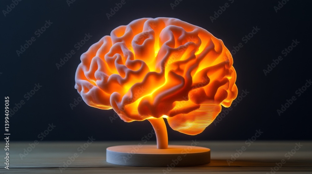 Poster a high-quality shot of a d printed brain model with realistic texture and detail, positioned on a st