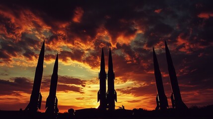 Rocket launch silhouette against dramatic sunset sky missile technology space exploration defense system