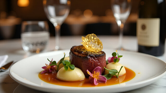 A luxurious gourmet dish beautifully plated on fine porcelain in a five-star restaurant setting. The dish features a perfectly seared wagyu steak topped with gold leaf, accompanied by truffle mashed p