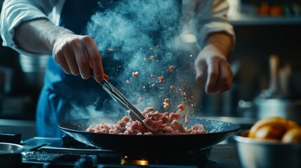 A high-quality shot of a chef preparing a gourmet dish with finely chopped meat and vegetables, showcasing a stylish kitchen with modern cooking tools and ingredients.