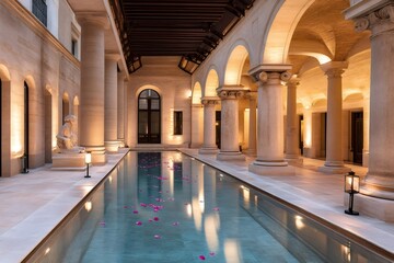 Indoor swimming pool with rose petals floating on water in luxury hotel