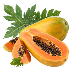 Ripe papaya fruit sliced in half on a white background showing juicy orange flesh and seeds