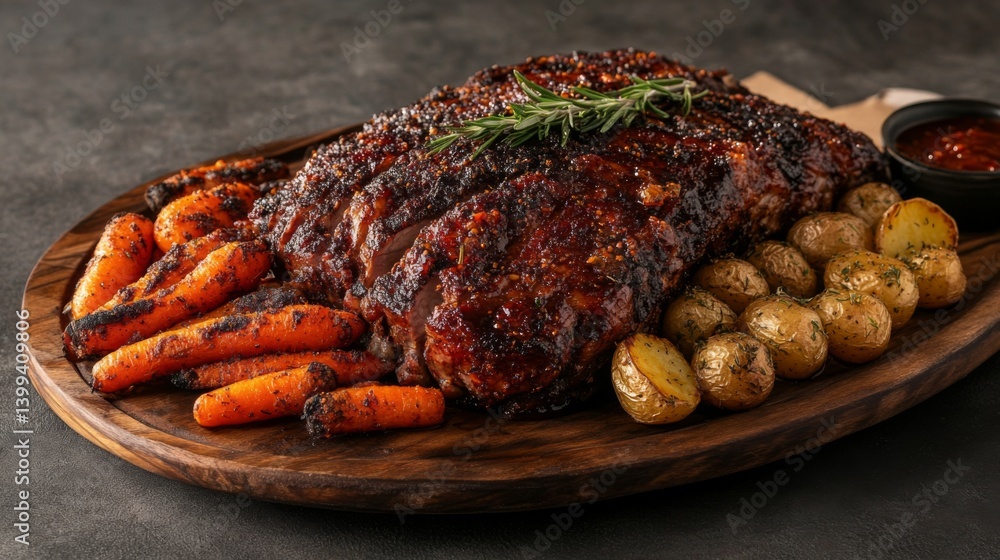 Aufkleber a high-resolution image of a delicious pork roast with crispy skin, garnished with rosemary and serv