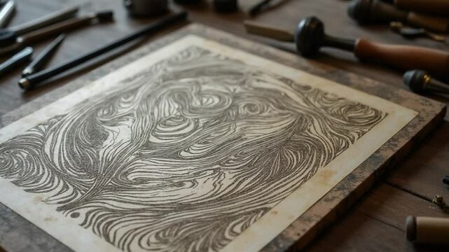 Close-up of an intaglio printmaking plate with intricate etched lines, on a wooden worktable with tools