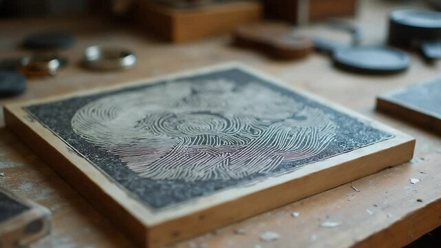 Close-up of an intaglio printmaking plate with intricate etched lines, on a wooden worktable with tools