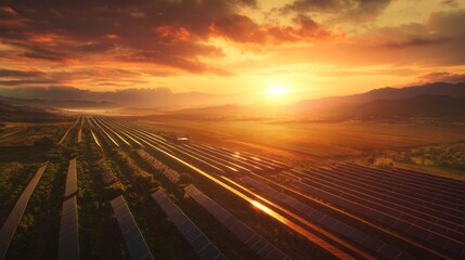Aerial view of solar panels at sunset