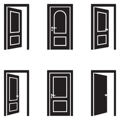 Door icons set. Open, close, and ajar door. Doors collection. Opened entrance door set flat style stock Vector Black silhouettes. with white background