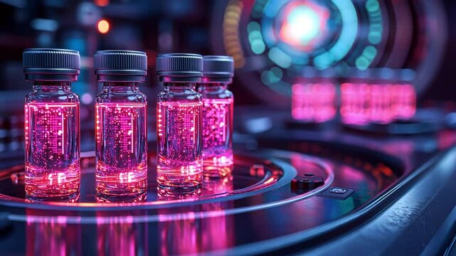 Futuristic vials glowing with pink liquid in a high-tech lab setting.