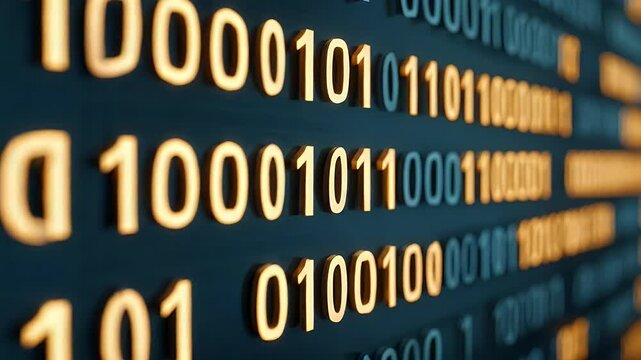 A close-up view of glowing binary code on a dark background, with the numbers 0 and 1 prominently displayed in a digital array