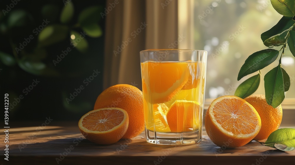 Poster a high-resolution photo of whole oranges and a glass of on a wooden table, with fresh oranges sliced