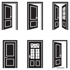 Door icons set. Open, close, and ajar door. Doors collection. Opened entrance door set flat style stock Vector Black silhouettes. with white background