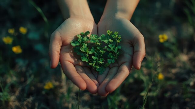 Hands hold heart shaped foliage with grass and yellow flowers blurred. Ideal for environmental, love, or organic themed campaigns and designs.