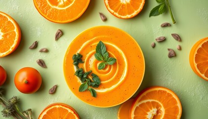 Vibrant orange superfood soup swirls, garnished with fresh herbs on a soft green background, antioxidant, tasty