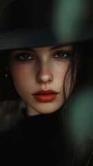 Close up portrait of a woman with red lips and a dark hat looking through a window.