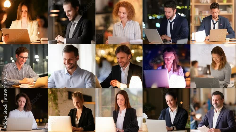Poster diverse business professionals working on laptops in modern spaces generative ai