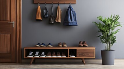 A modern entryway featuring a sleek shoe rack with a combination of leather shoes and casual sneakers, accented by a potted plant and a bench.