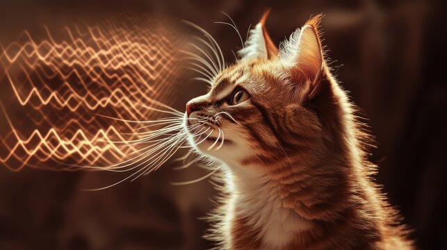 Attentive tabby cat with glowing sound waves