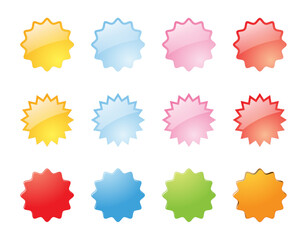 Glossy vector starburst badges in bright colors—yellow, blue, pink, red, green, and orange. Perfect for labels, tags, discounts, sales, promotions, and web design elements.