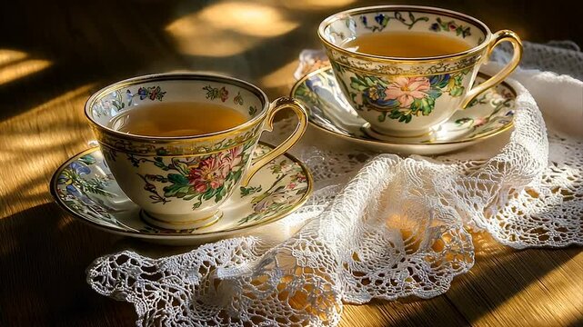 Two ornate teacups filled with steaming tea rest on a lace doily in sunlight