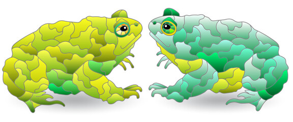 A set of illustrations in the style of stained glass with toads , animals isolated on a white background