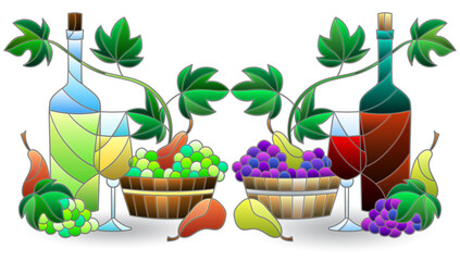 A set of illustrations with still lifes, wine bottles, grapes and fruits isolated on a white background