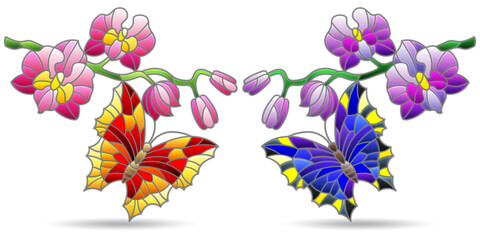 A set of contour illustrations in the style of stained glass with butterflies and orchid flowers, animals isolated on a white background