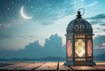 Eid ul adha mubarak theme a goat is standing with a lot of islamic lantern lights in different