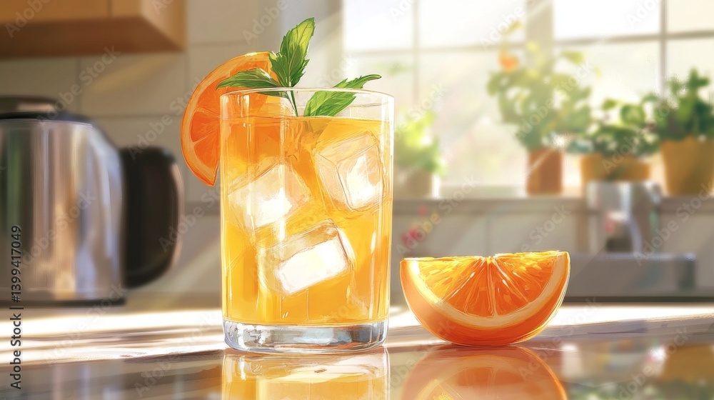 Poster a refreshing glass of freshly squeezed with ice cubes, garnished with a slice of orange and a mint s