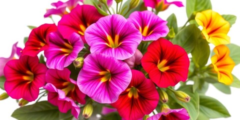 Vibrant petunia blossoms, isolated on white background, clipping path provided, flower, yellow