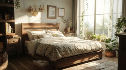 A rustic bedroom scene with a wooden bed frame, patterned bedding, and vintage decor elements, featuring a large window with natural light illuminating the room.