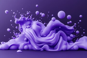 Abstract purple paint splash with flying spheres on a dark background. Use this for creative backgrounds, product mockups, or graphic elements.
