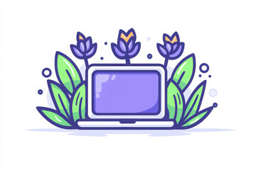 A digital illustration of a laptop surrounded by stylized leaves and flowers, blending technology with nature.