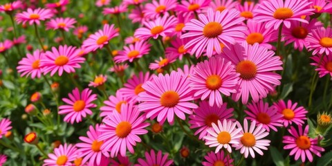 Vibrant pink African daisies fill the frame, a profusion of summer blooms, cheerful, happy