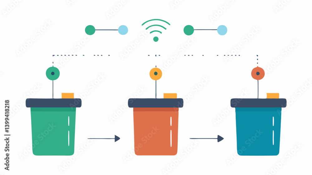 Poster connected waste bins smart waste bins with sensors indicating fullness levels linked by dotted lines